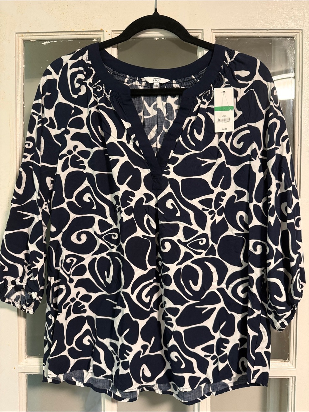 crown & ivy Navy and White Floral Print Peasant Blouse